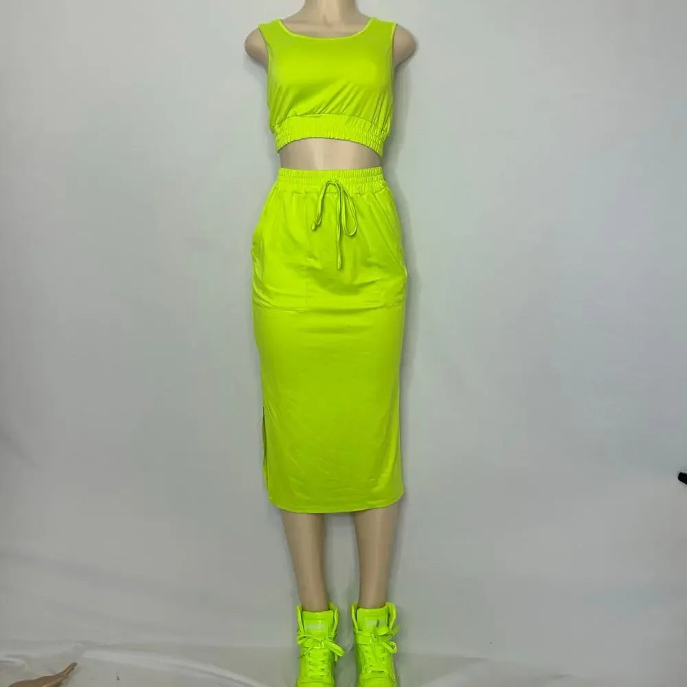 SHEIN Neon Lime Green Two-Piece Crop Top & Midi Skirt Set Women’s Size Small